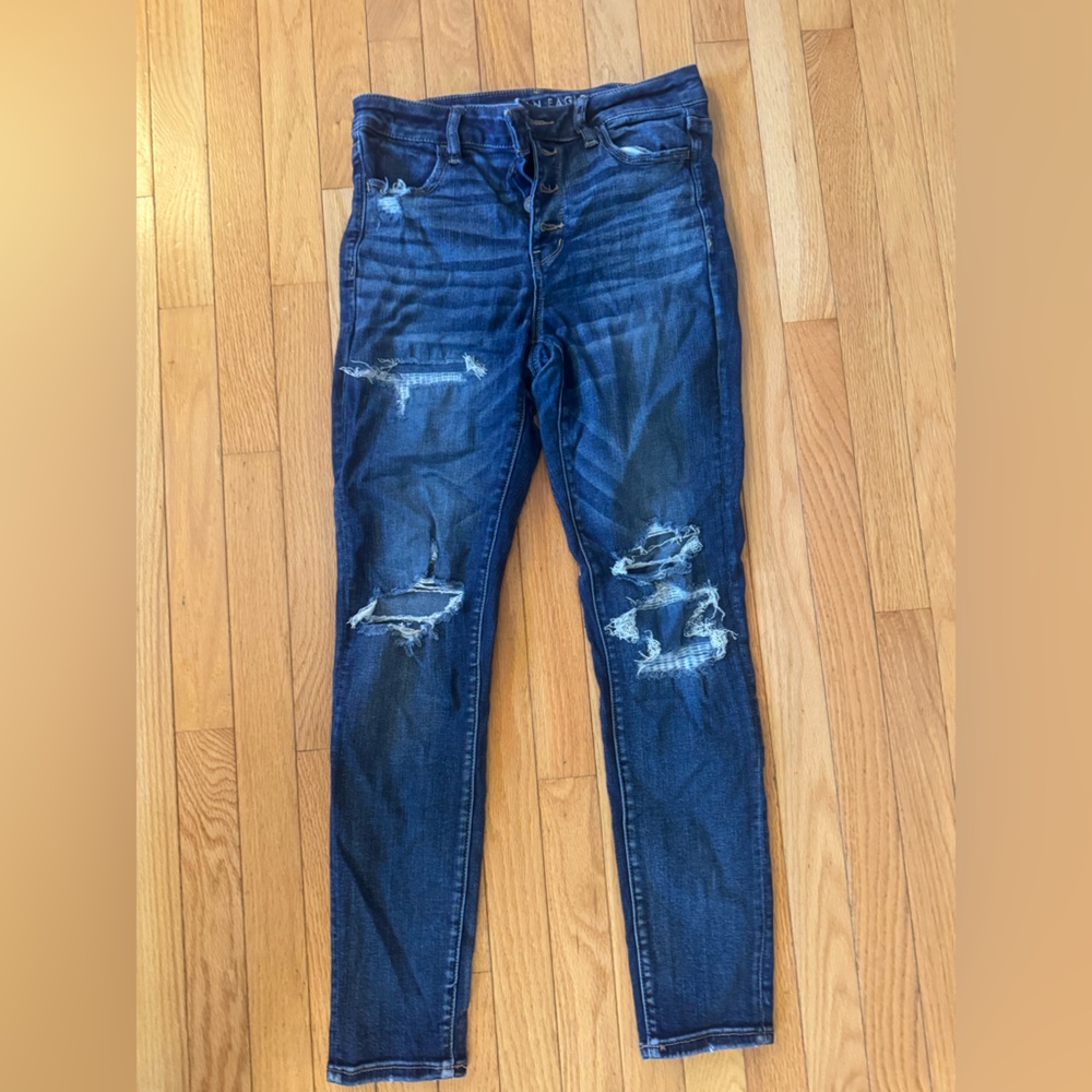 American Eagle Outfitters Women's Dark Blue Ripped Skinny Jeans